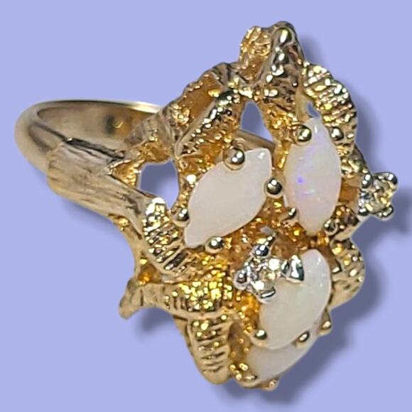 Vintage 18K HGE Gold Plated 4 White Opals & CZ Cocktail Ring Size 4.5 - Picture 11 of 16